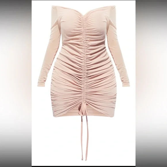 PrettyLittleThing | Dresses | Shape Dusty Pink Mesh Ruched Bardot Midi Dress  | Poshmark